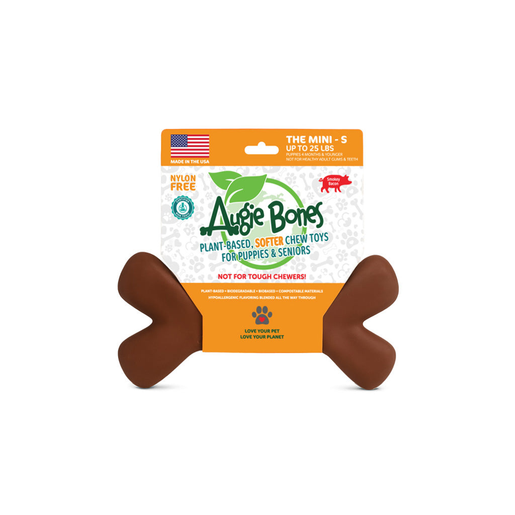 Dog chew toy with packaging featuring the brand 'Augie Bones' on a white background.