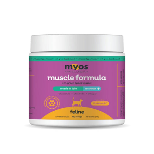 Pet supplement container labeled 'myos muscle formula' for felines on a white background