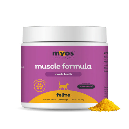 Myos muscle formula supplement for cats with a purple label and yellow powder on a white background