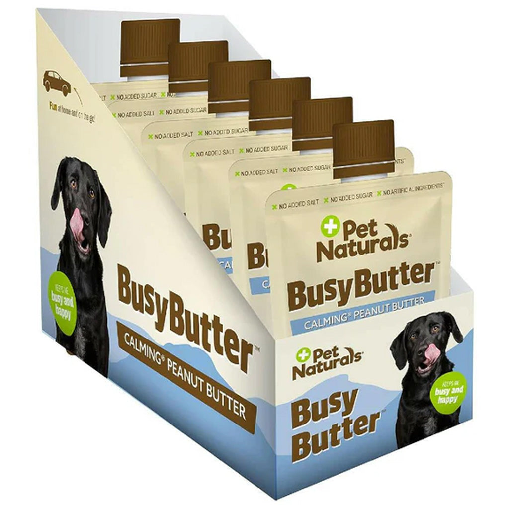 Display of Pet Naturals Busy Butter Calming Peanut Butter for dogs with packaging showing a dog and brand name.