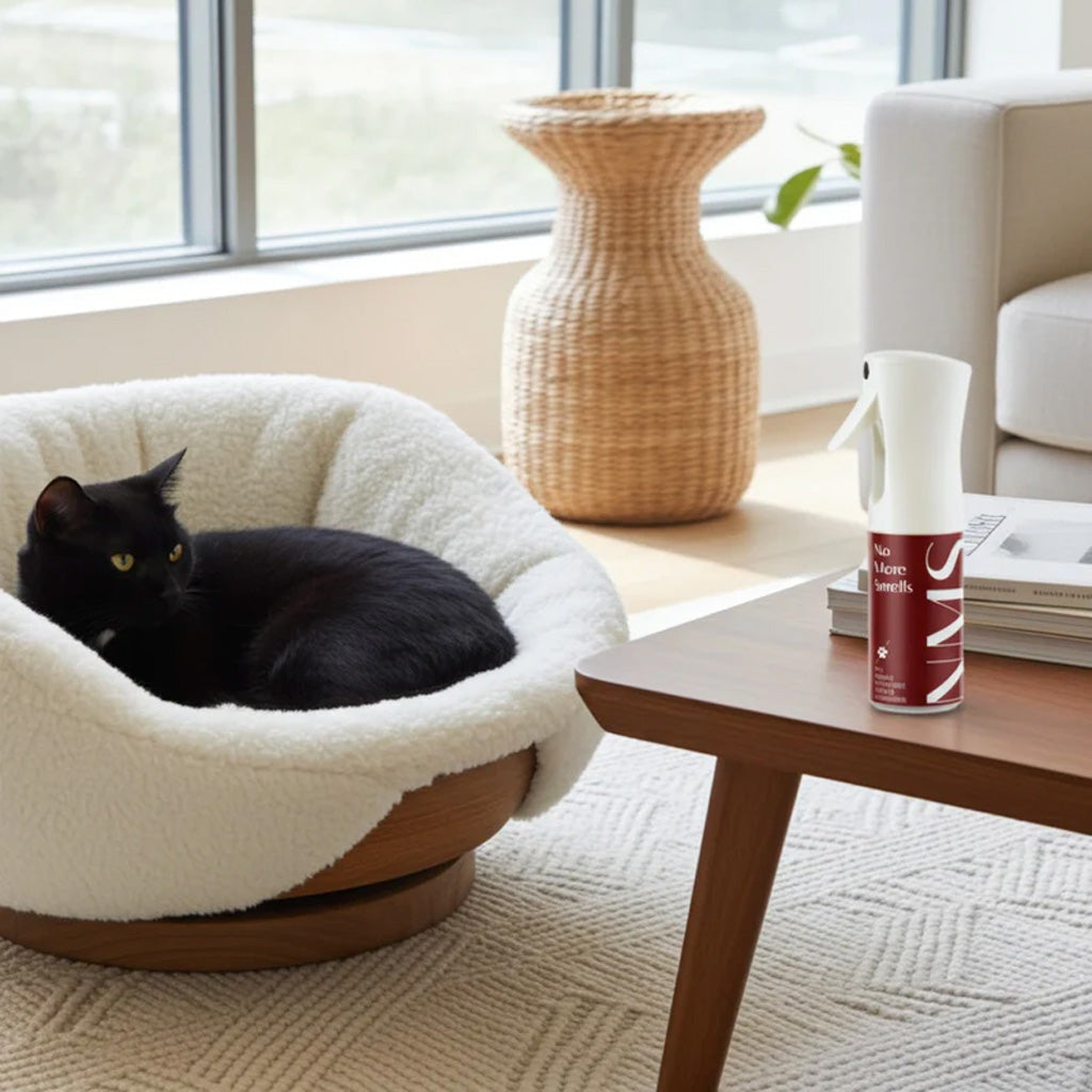 Black cat lounging on a white cushioned chair in a modern living room with a bottle of no more smells spray on a table.