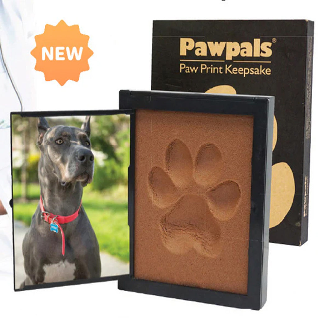 Pawpals paw print keepsake with a photo of a dog and a paw print impression, displayed with the packaging.