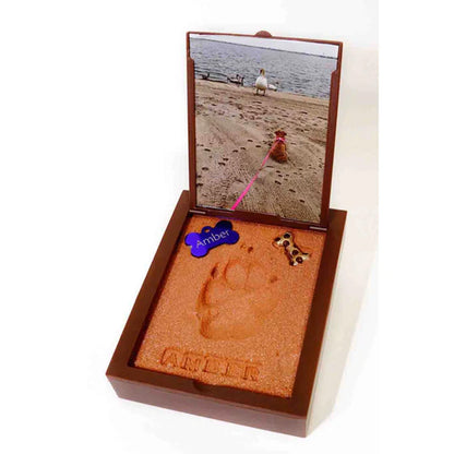 Pet memorial with sand imprint, photo of pet on beach, and name 'Amber'.