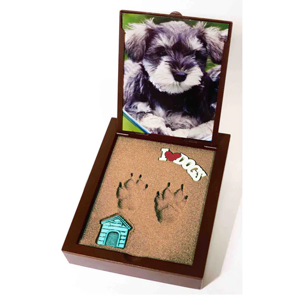 Memorial box with a photo of a dog and paw prints on a white background