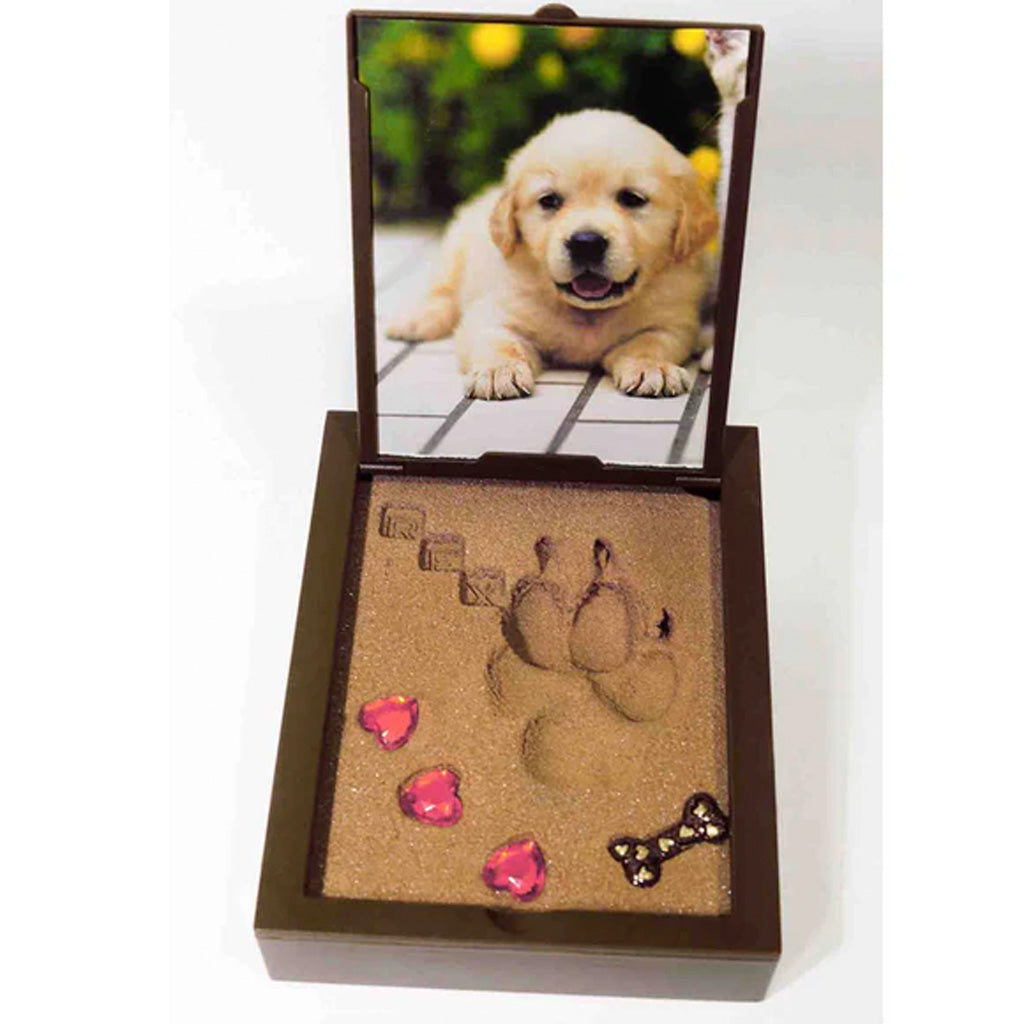 Pet memorial box with paw prints, photo of a puppy, and decorative elements on a white background