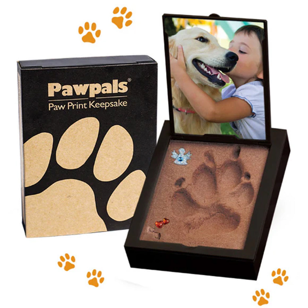 Pawpals paw print keepsake with a child and dog, surrounded by paw prints on a white background.