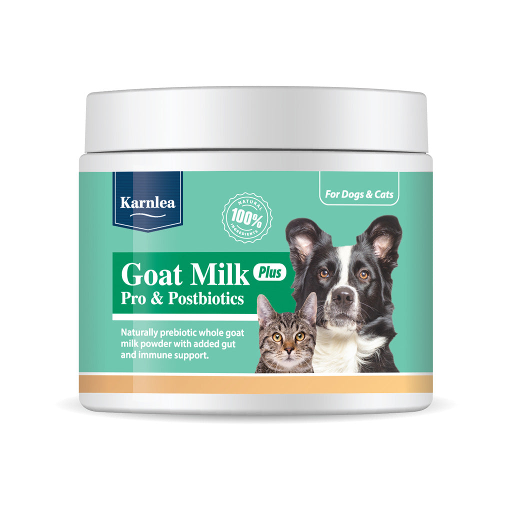 Karnlea Goat Milk Plus Pro & Postbiotics container for dogs and cats on a white background