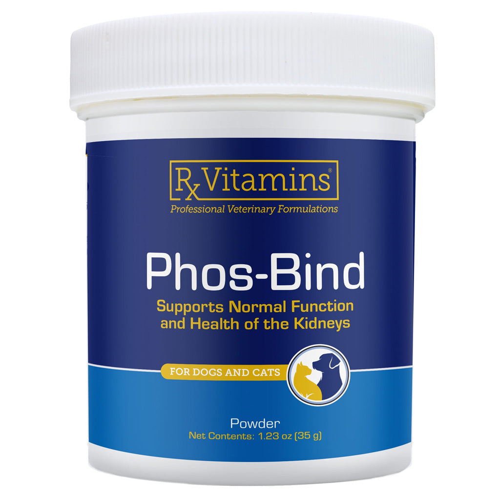Rx Vitamins Phos-Bind powder for dogs and cats in a white plastic jar with a blue and white label.