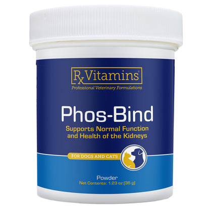 Rx Vitamins Phos-Bind powder for dogs and cats in a white plastic jar with a blue and white label.