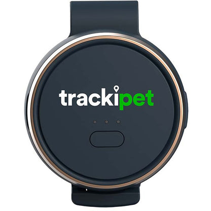 Black round device with trackipet logo on a white background