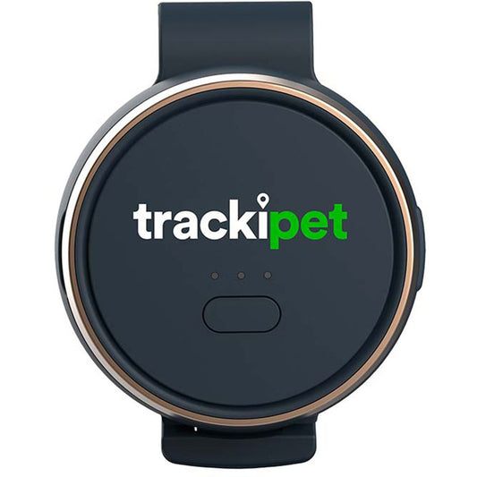 Black round device with trackipet logo on a white background
