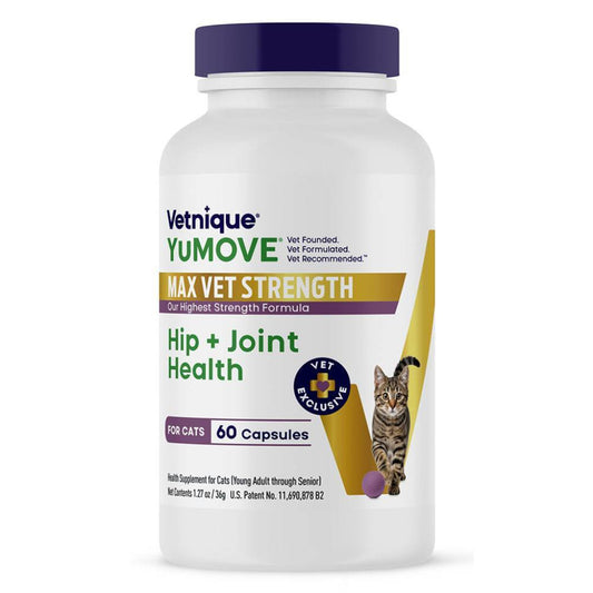 Vetnique Yumove Max Vet Strength supplement bottle for cats on a white background