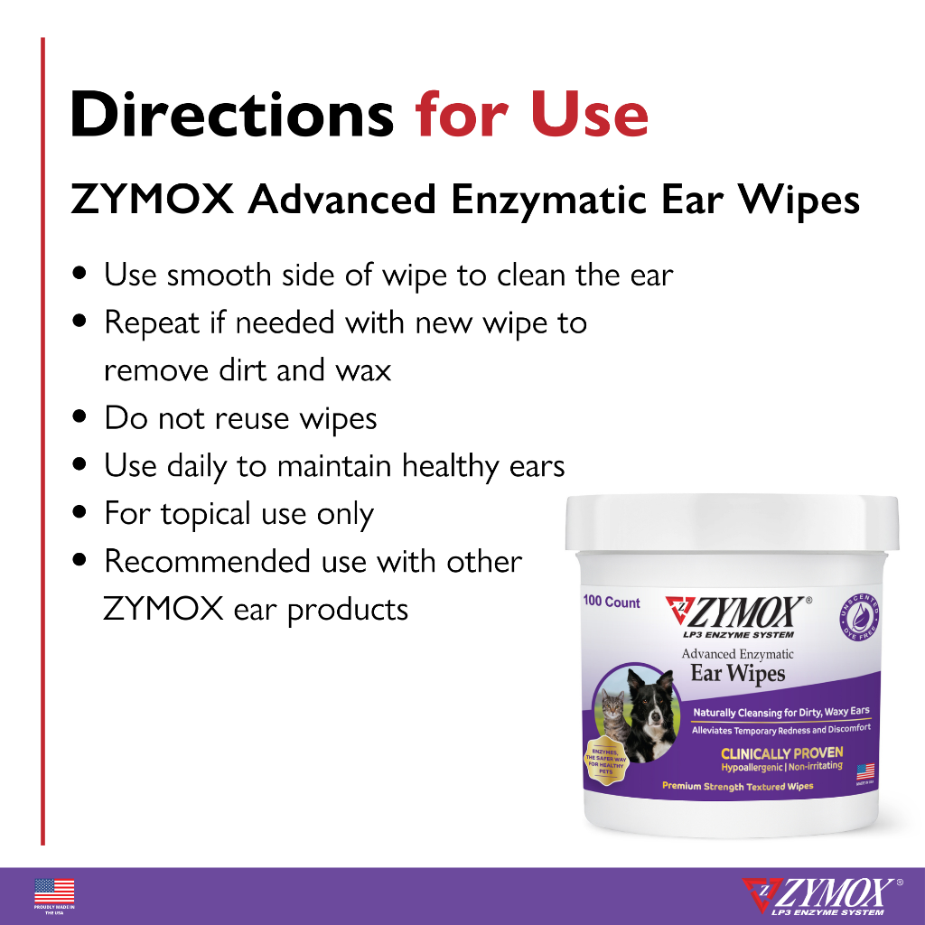 Zymox Advanced Enzymatic Ear Wipes directions for use
