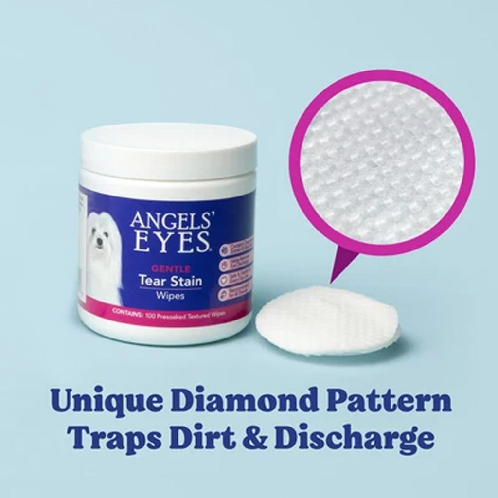Angels' Eyes tear stain wipes with a close-up of the diamond pattern on a light blue background