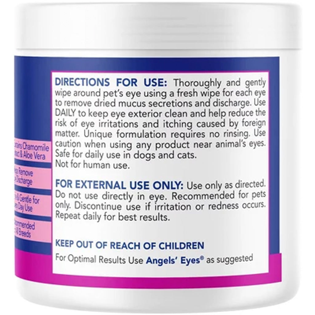 A white plastic jar of pet eye wipes with a white lid, showing the back of the label with instructions for use, blue and pink text blocks, and a white background.