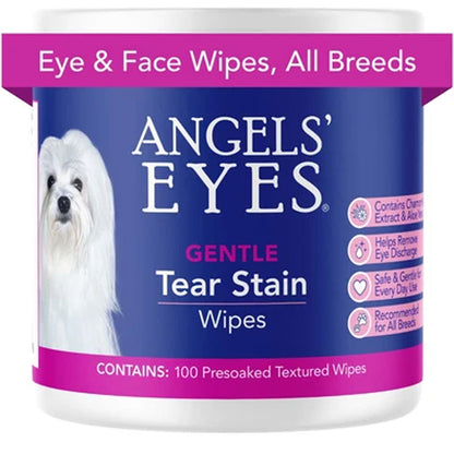 Angels' Eyes Gentle Tear Stain Wipes for all breeds, shown in a white plastic jar with a blue and pink label featuring a white dog illustration.