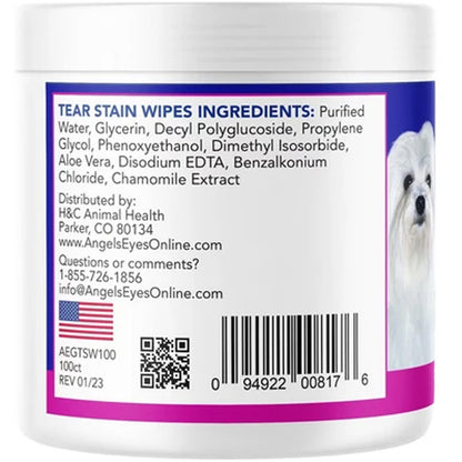 A white plastic jar of Angel's Eyes Tear Stain Wipes, showing the back label with ingredients, distributor information, a barcode, and a small white dog photo on a purple and blue background.