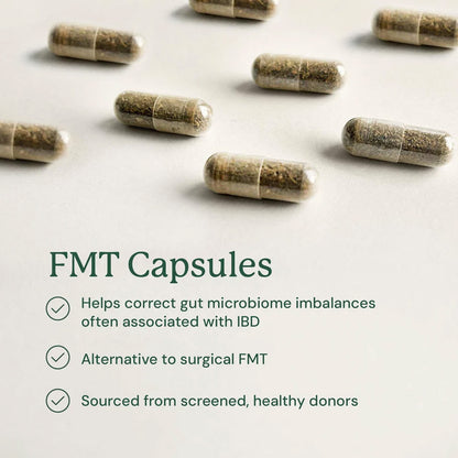Several clear capsules filled with brown herbal material are scattered on a light background above marketing text reading 'FMT Capsules' with bullet points about gut microbiome support, alternative to surgery, and screened donors.