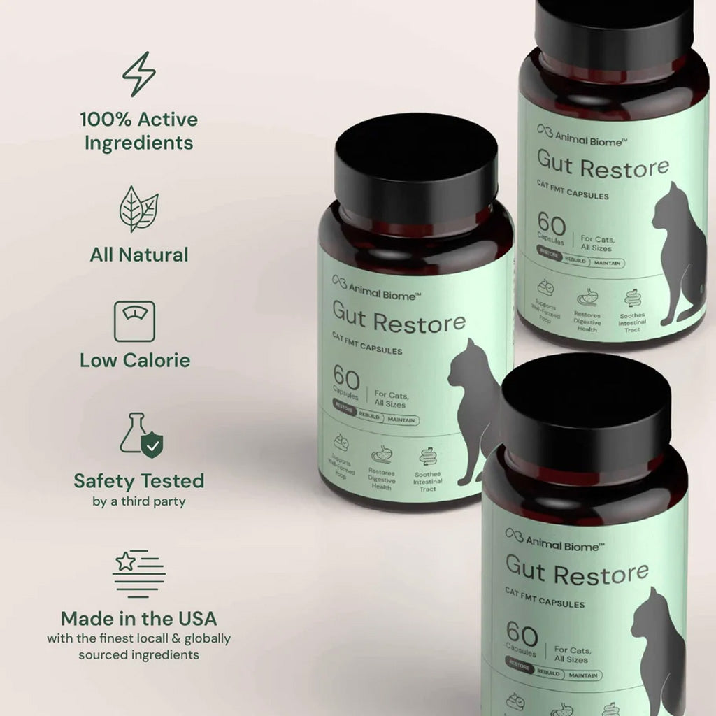 Three bottles of Animal Biome Gut Restore cat supplement capsules arranged on a light beige background with marketing text on the left. The bottles are dark amber with black caps and labels in pale mint green with black text and a black cat silhouette.