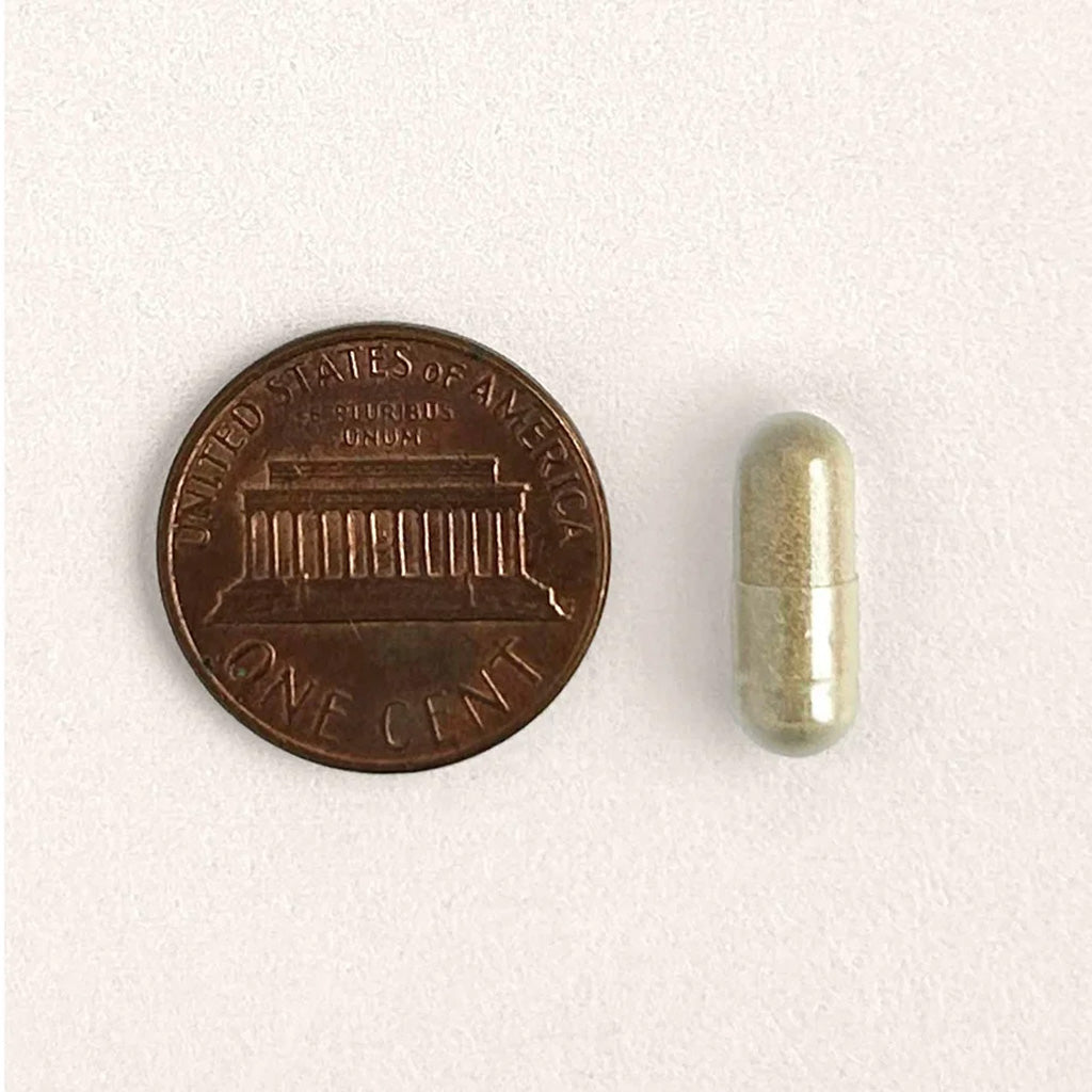 Pill next to a penny on a white background