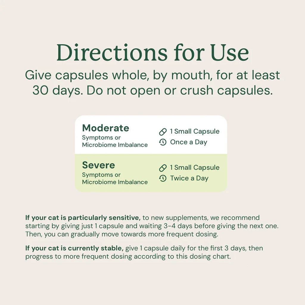 Dosing chart for capsules with directions for use on a light beige background