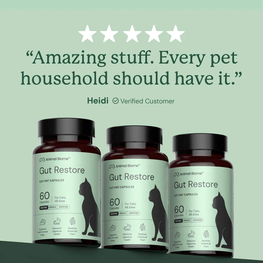 Three bottles of Animal Biome Gut Restore cat supplement capsules displayed against a light sage green background with a customer testimonial quote above them.
