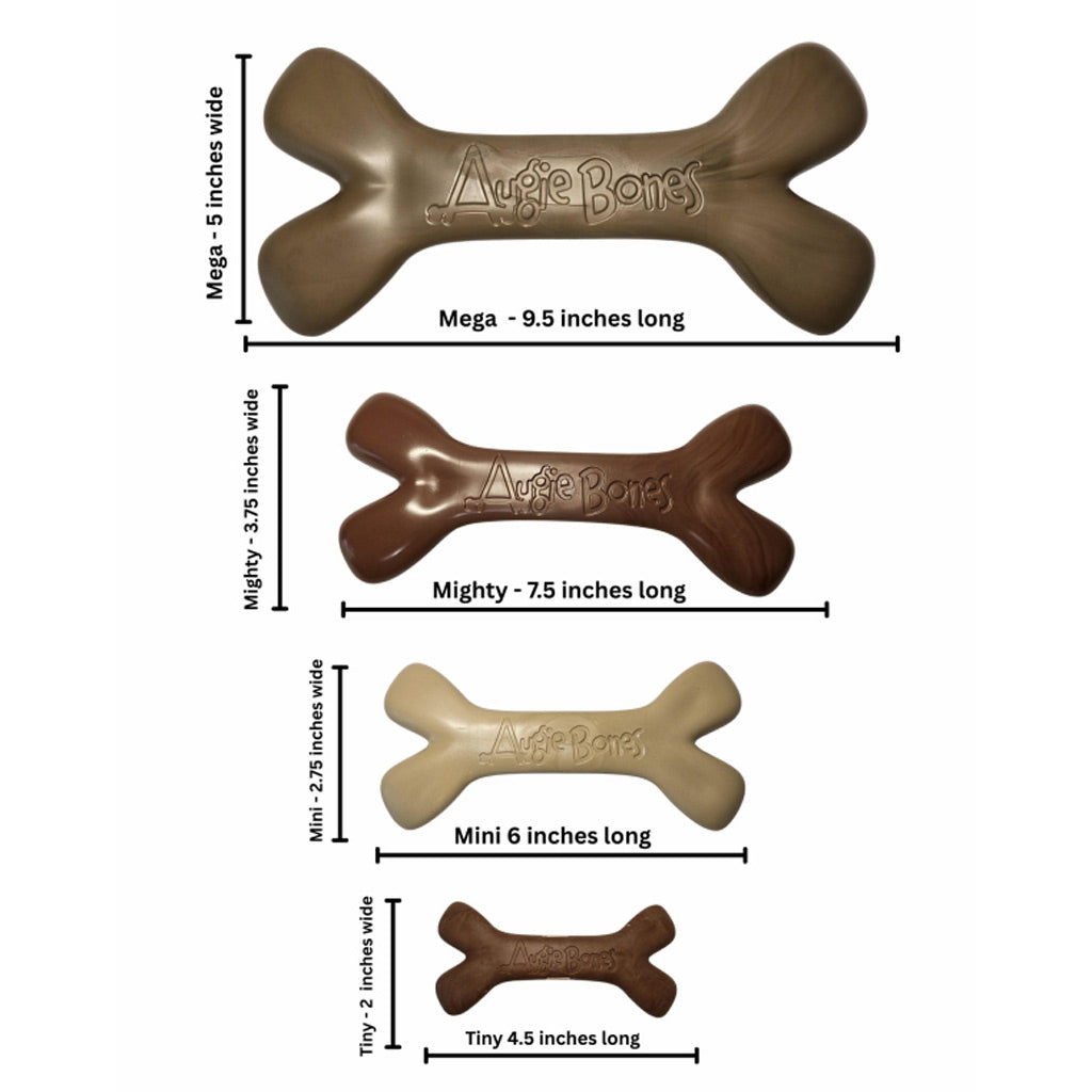 Size comparison chart of Augie Bones dog toys with measurements.