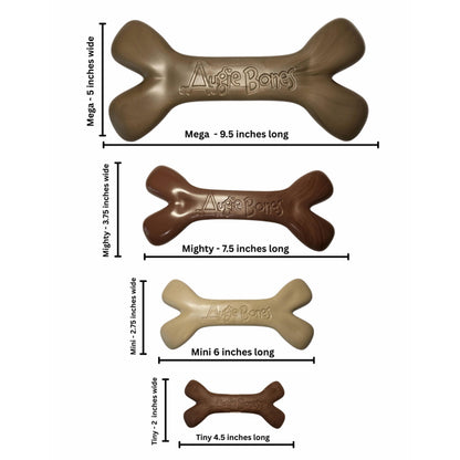 Size comparison chart of Augie Bones dog toys with measurements.