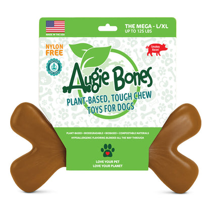 Brown dog chew toy with 'Augie Bones' packaging on a white background