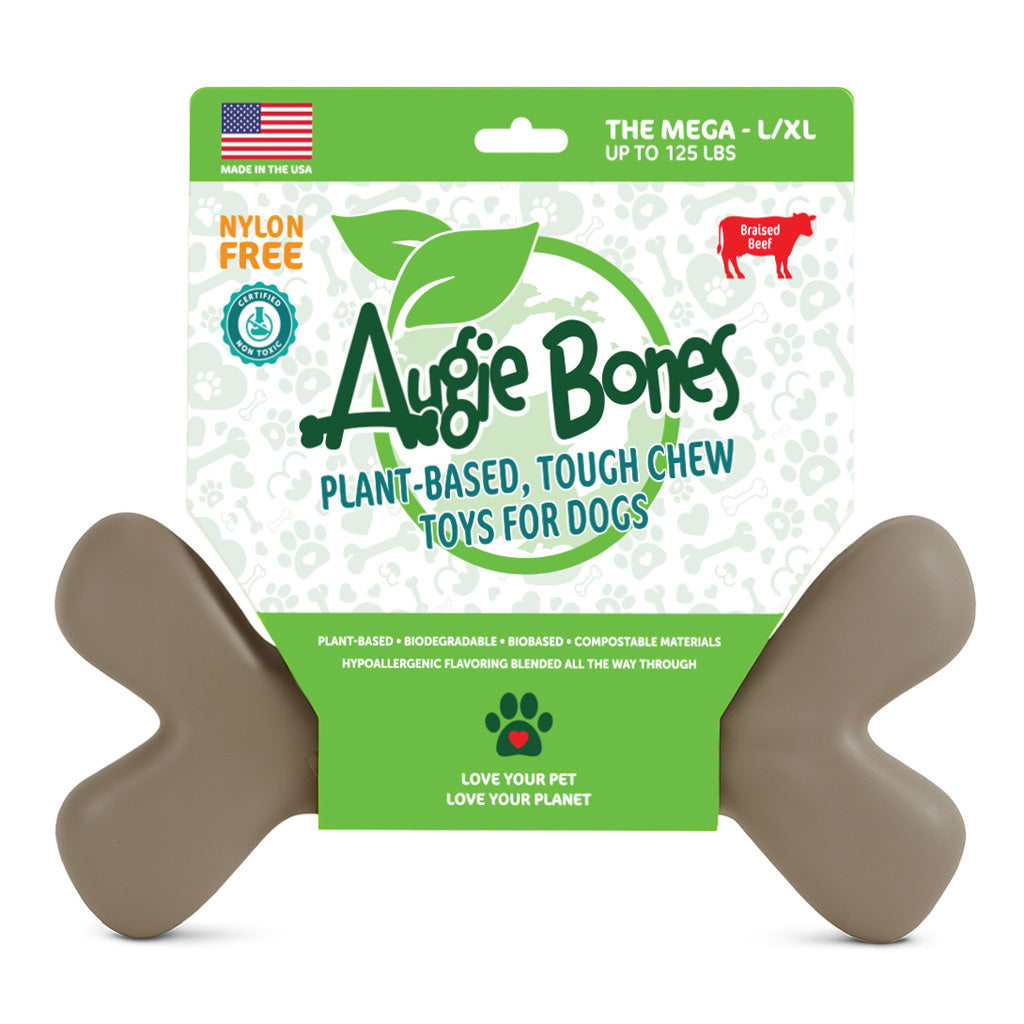 Augie Bones dog chew toy with green packaging on a white background