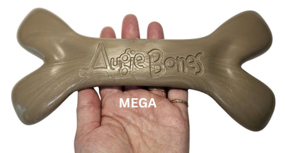Large brown dog chew toy with 'Augie Bone' branding held in a hand.