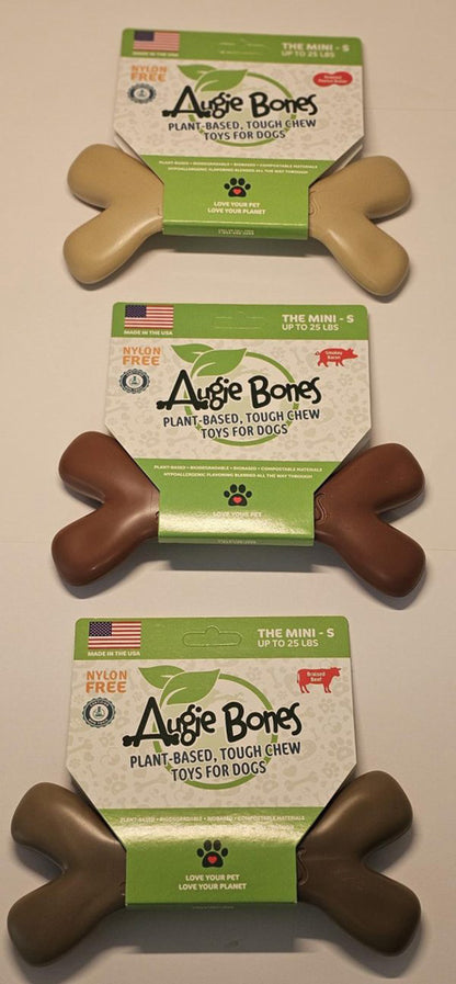 Three dog chew toys with 'Aussie Bones' packaging on a gray background