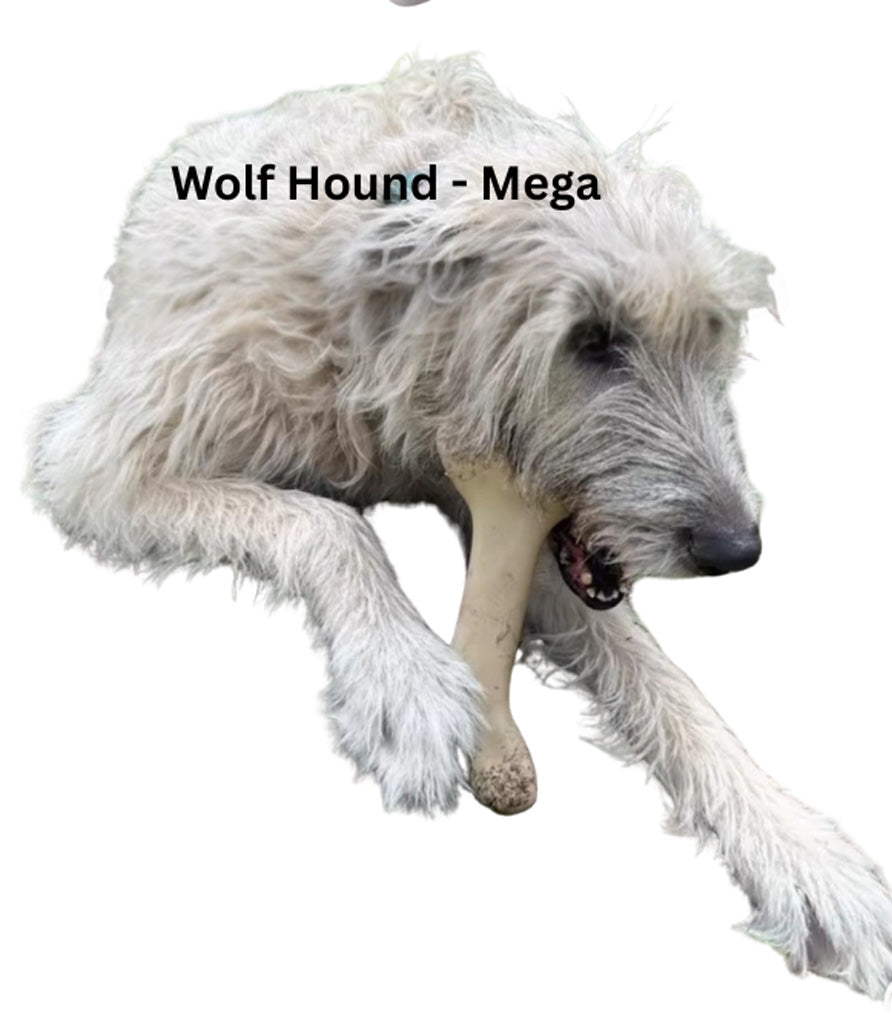Wolf Hound dog with 'Mega' text on a white background