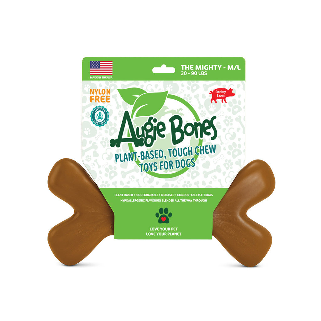 Augie Bones plant-based, touch chew toy for dogs on a white background