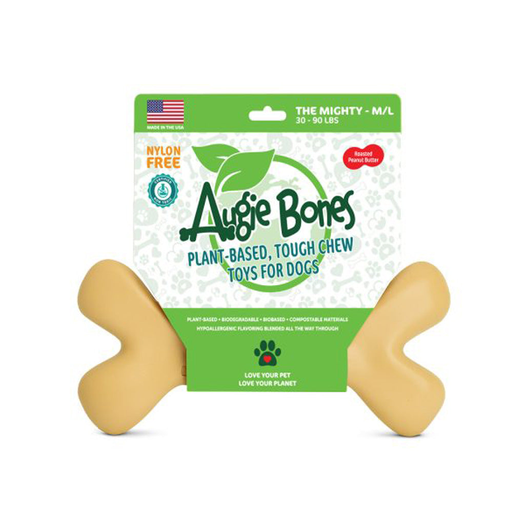 Dog chew toy with 'Augie Bones' packaging on a white background