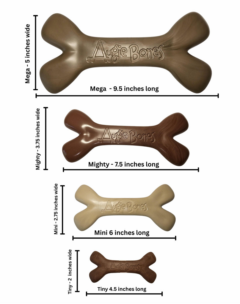 Set of dog bone toys in different sizes with measurements on a white background
