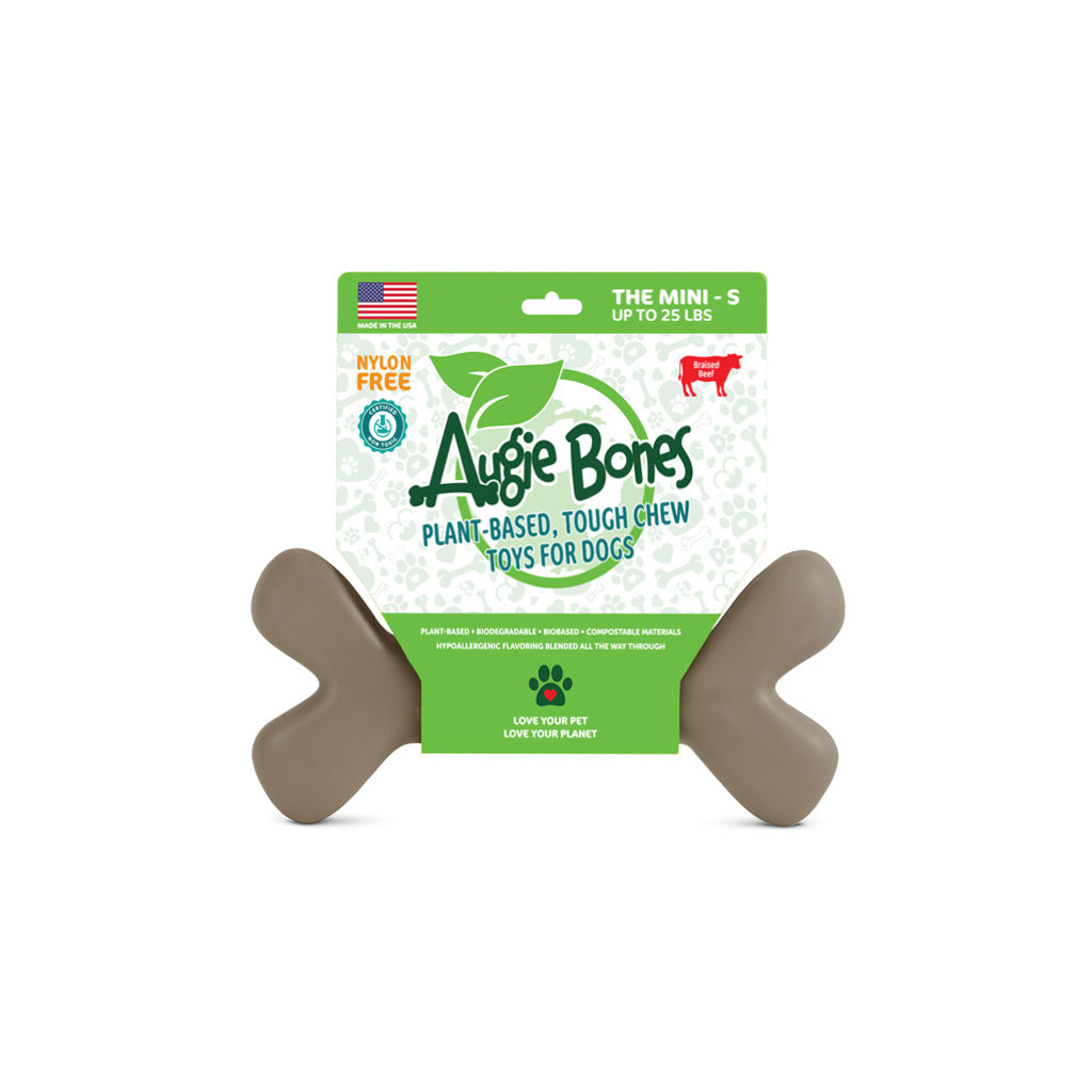 Dog chew toy with packaging featuring 'Augie Bones' brand on a white background