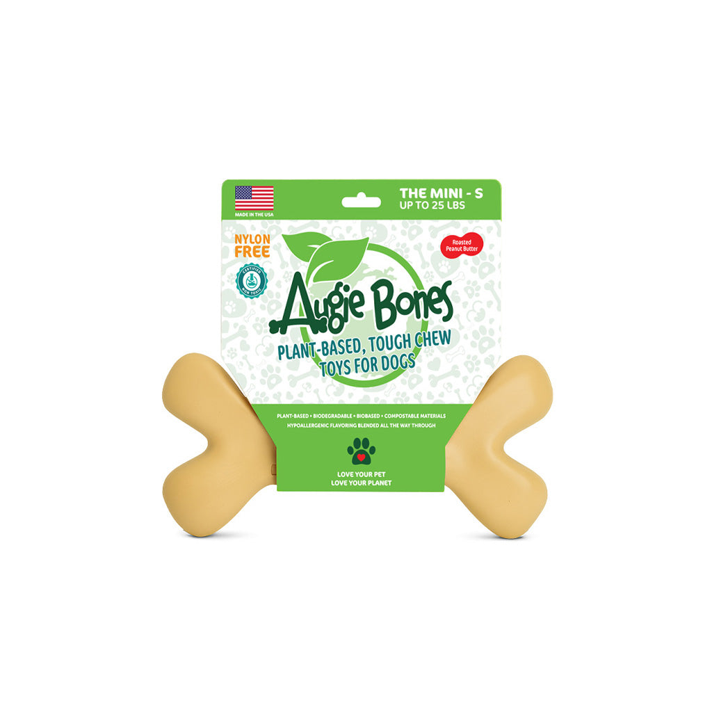 Dog chew toy with packaging labeled 'Augie Bones' on a white background