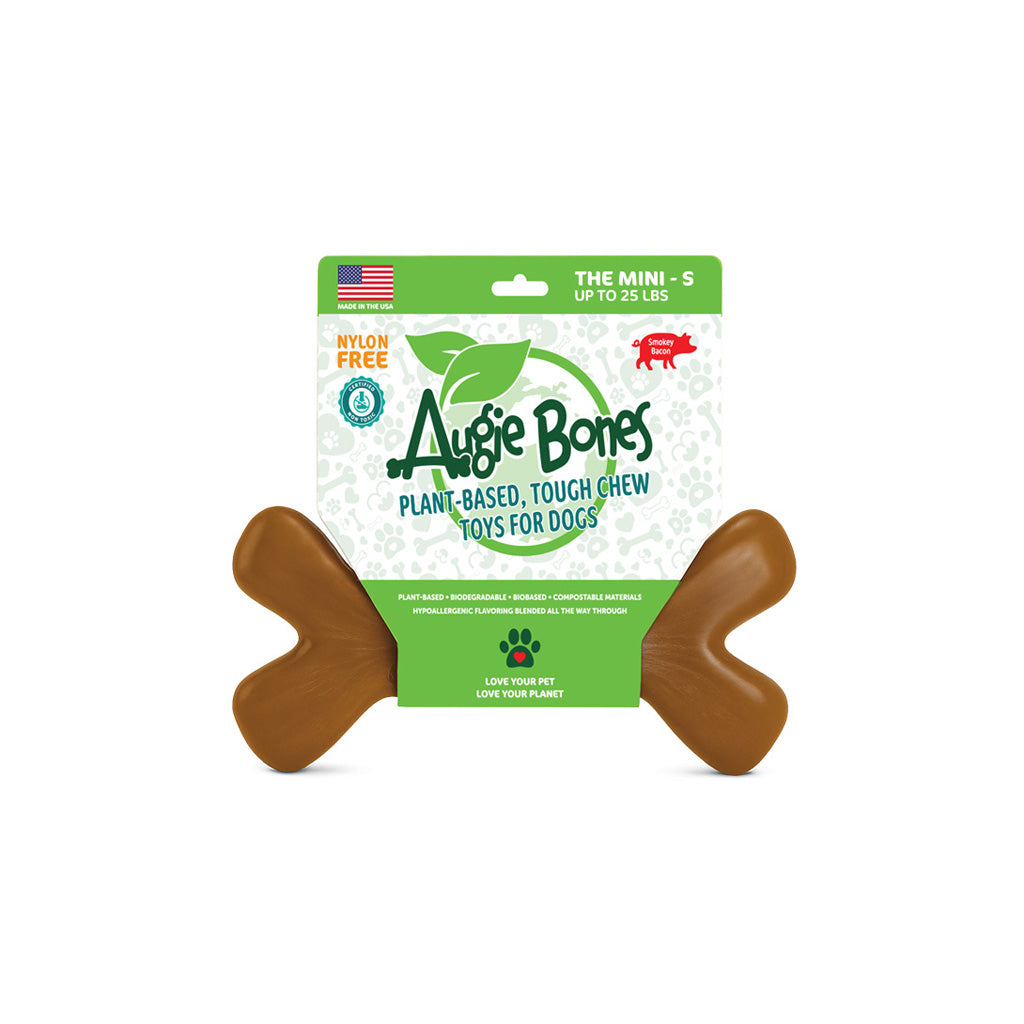 Package of Augie Bones plant-based, tough chew toys for dogs on a white background