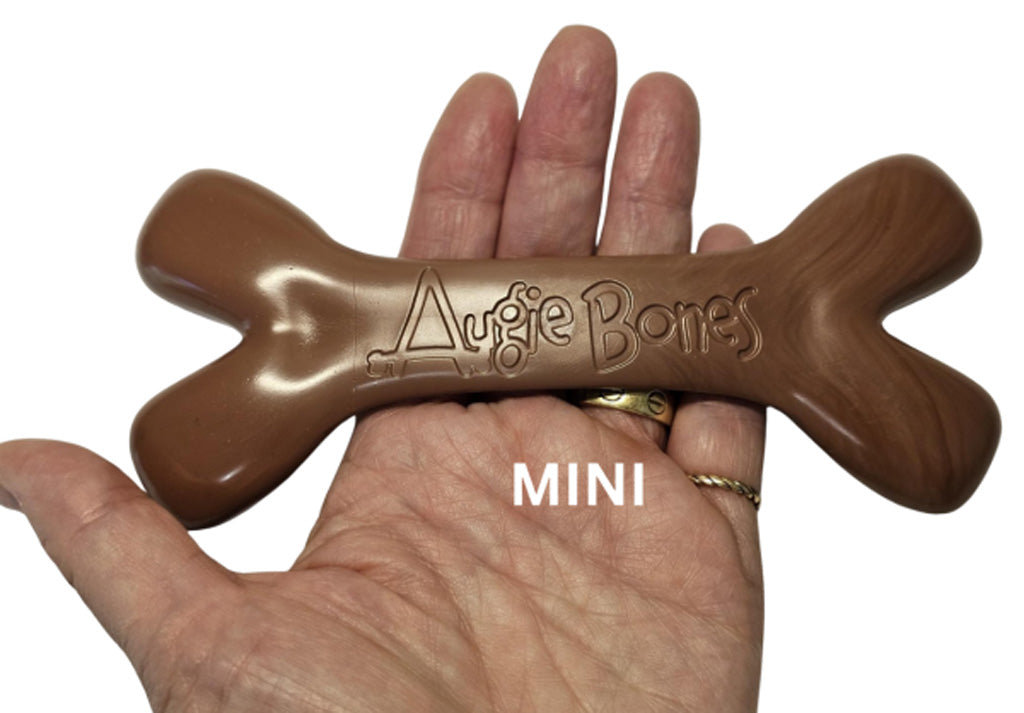 Brown dog toy shaped like a bone with 'Augie Bones' branding held in a hand.