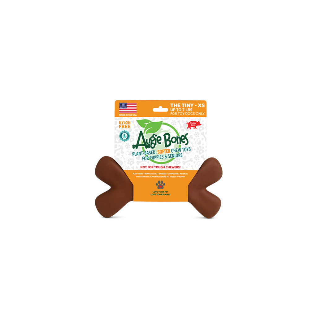 Dog chew toy packaging with 'Augie Bones' branding on a white background