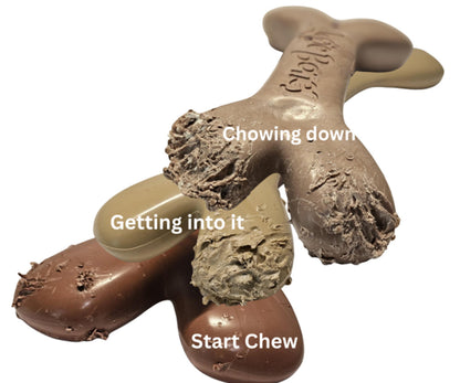 Dog chew product with stages labeled 'Getting into it', 'Chowing down', and 'Start Chew' on a white background.