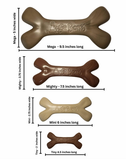 Set of dog bone toys in different sizes with measurements on a white background