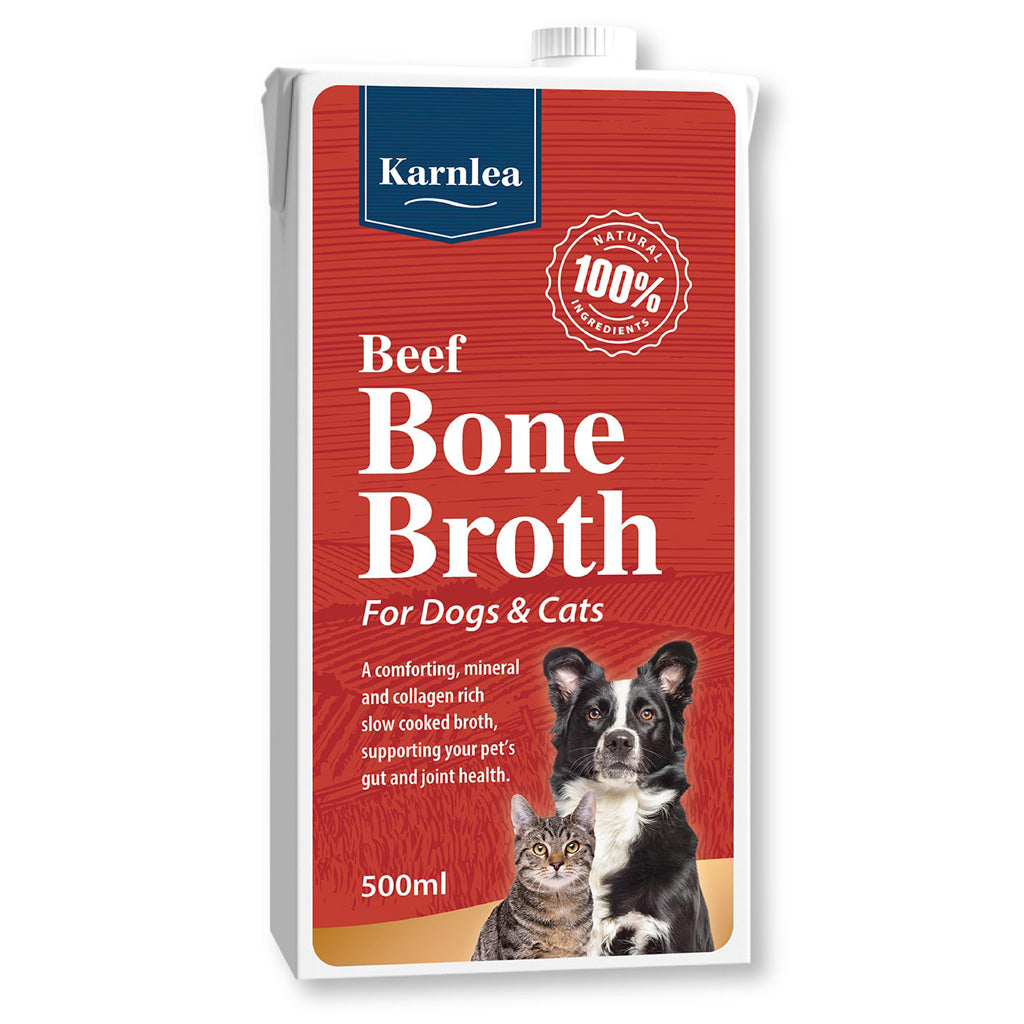Karnlea Beef Bone Broth packaging for dogs and cats on a white background