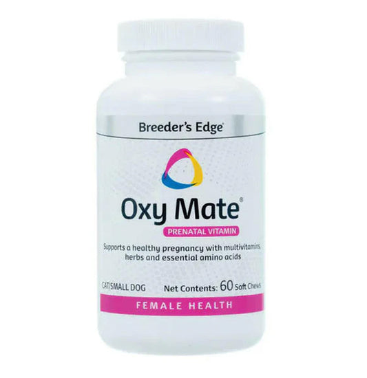 Oxy Mate prenatal vitamin bottle for cats and small dogs on a white background