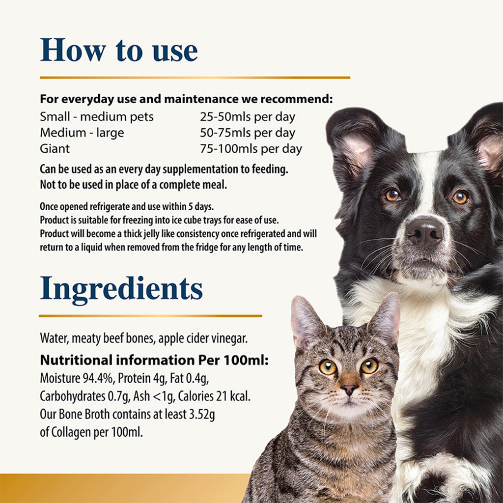 Product label for Karnlea Beef Bone Broth pet supplement with two dogs and a cat, including usage instructions and ingredients.