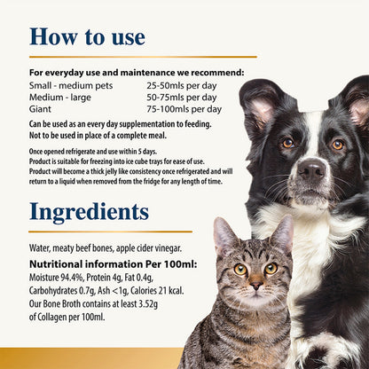 Product label for Karnlea Beef Bone Broth pet supplement with two dogs and a cat, including usage instructions and ingredients.