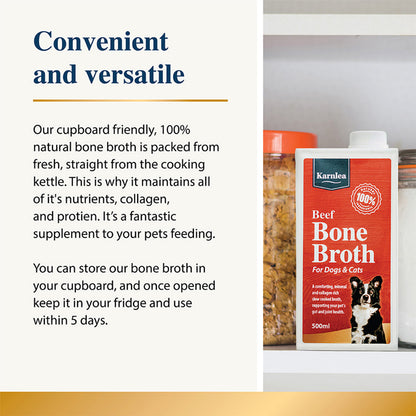 Karnlea Beef Bone Broth packaging for dogs and cats on a shelf with text about its convenience and versatility.