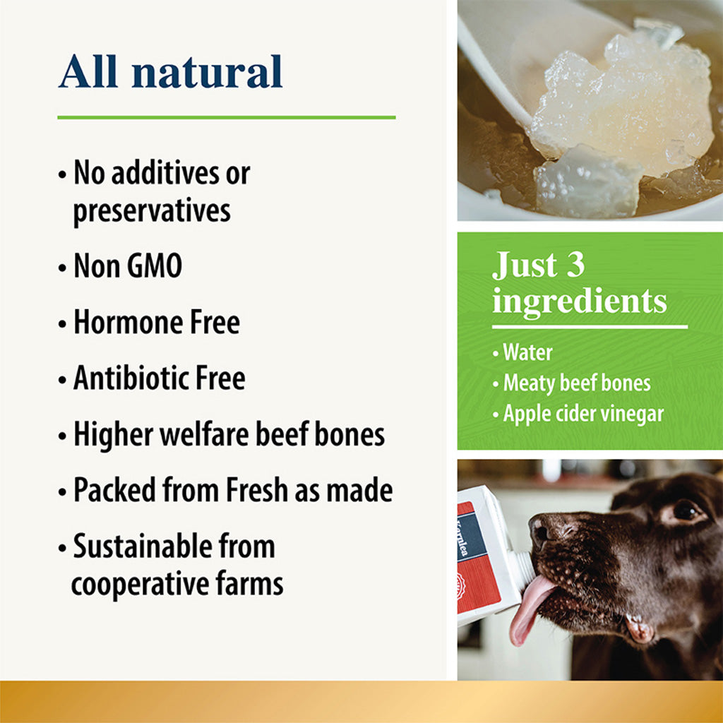Karnlea Beef Bone Broth Product packaging with text highlighting natural ingredients and benefits, alongside a dog eating the product.
