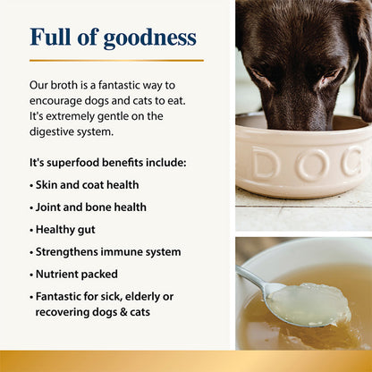 Dog drinking Karnlea Beef Bone Broth from a bowl with text about the benefits of the broth for dogs and cats.